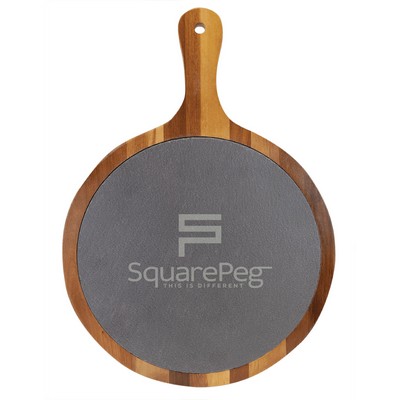 14½" x 10½" Round Acacia Wood/Slate Serving Board with Handle